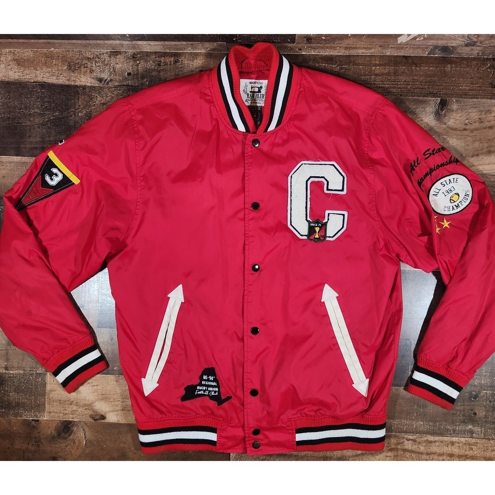 Vintage Raw Blue Bomber Jacket Mens Medium Red Letterman Varsity Streetwear